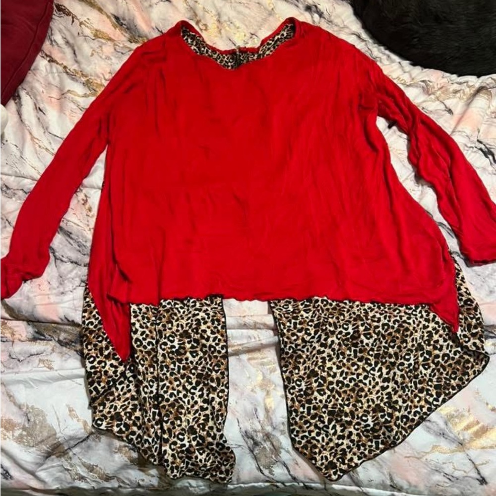 Red Long Sleeve Top with Leopard Print Accents